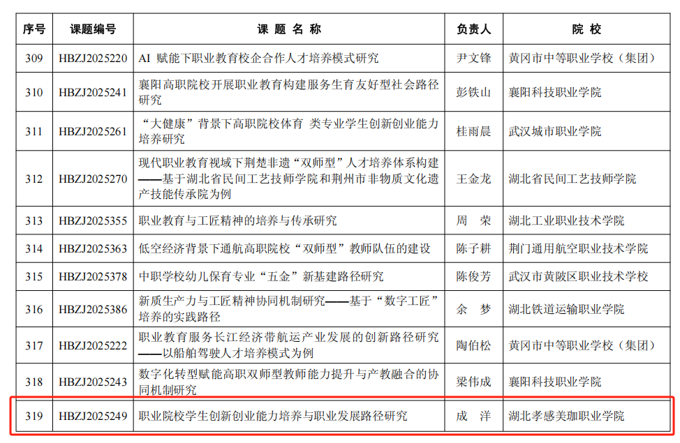 首次申报！湖北中华职教社课题立项，我校成洋老师上榜